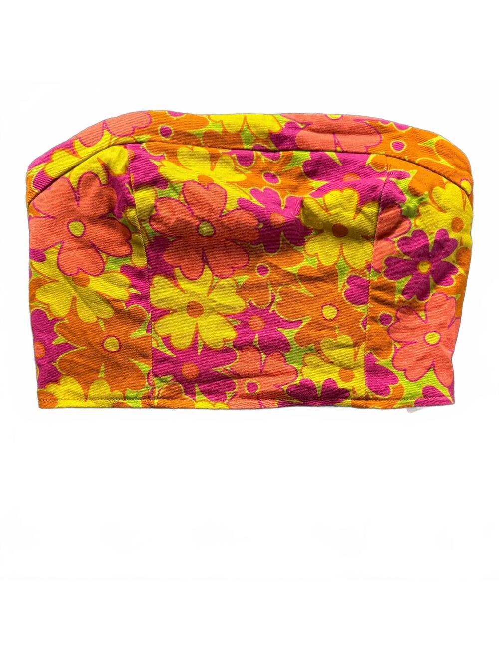 Another Girl Floral Bustier Top Small 70s Psychedelic Daisy Strapless Zip Crop